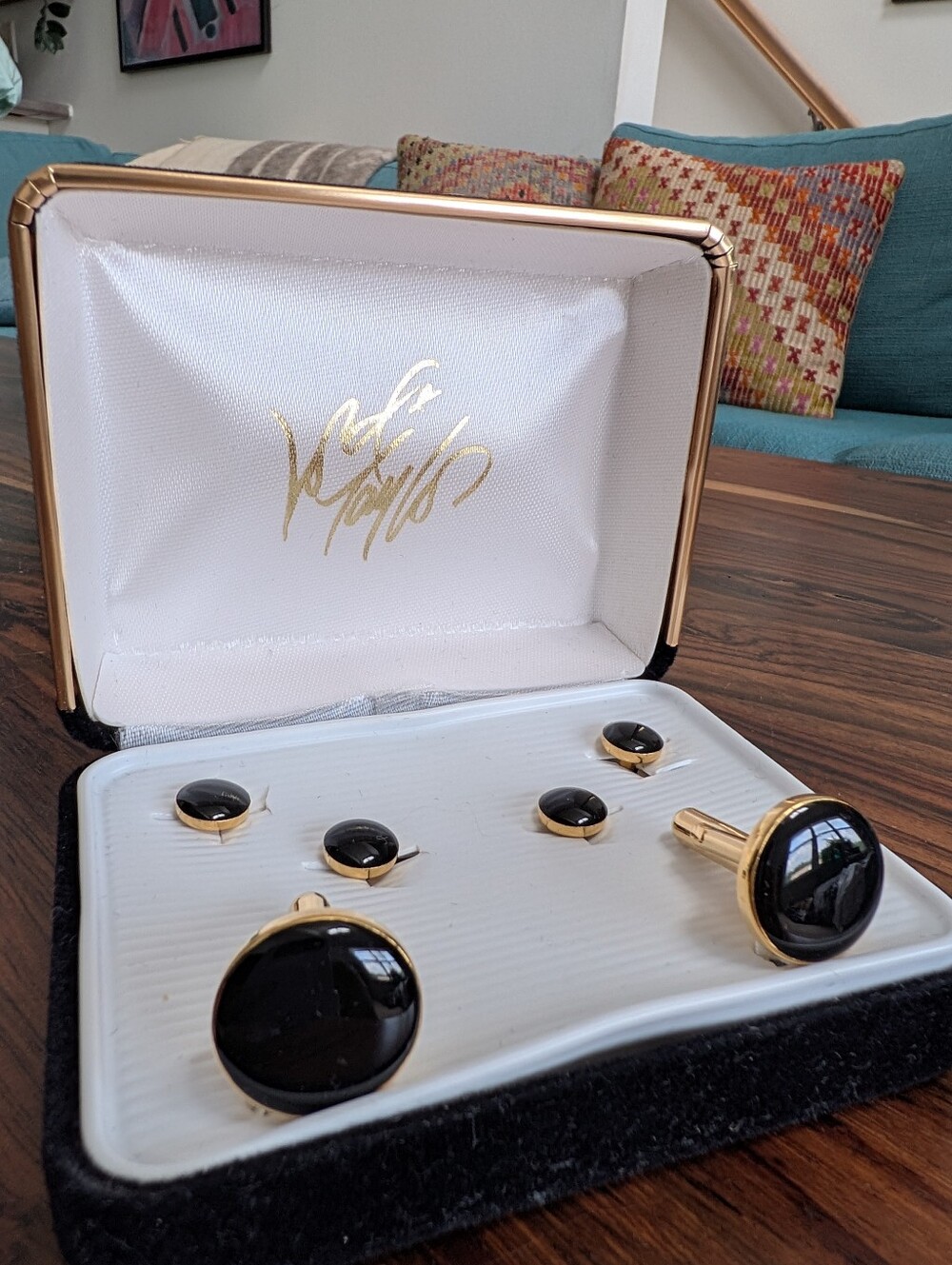 Vintage Lord & Taylor Gold Tone Black Onyx Style Cufflink and Stud Set Boxed